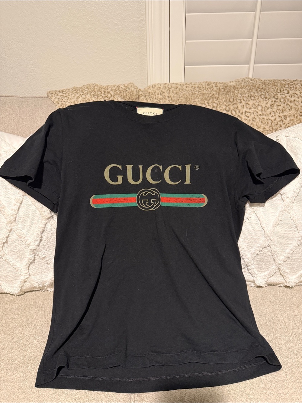 GUCCI Black Logo Tee with Red and Green Stripe